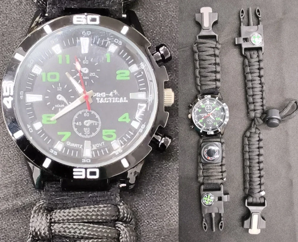 Pro-4 Tactical Survival Watch Paracord Whistle Compass Fire Starter Black #W5143